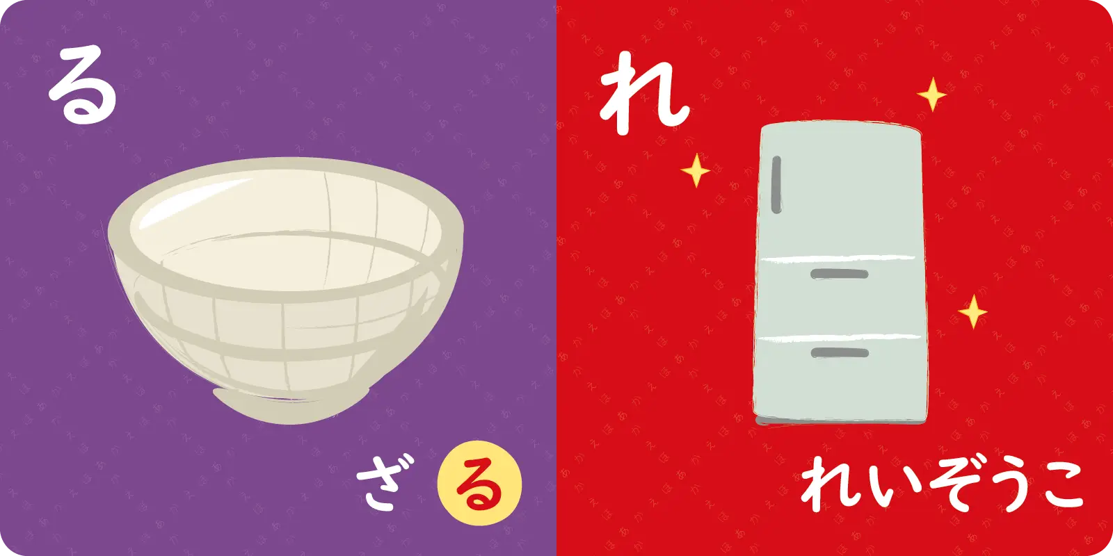 る<br>
<br>
ざ<b>る</b><br>
<br>
<br>
<br>
れ<br>
<br>
れいぞうこ