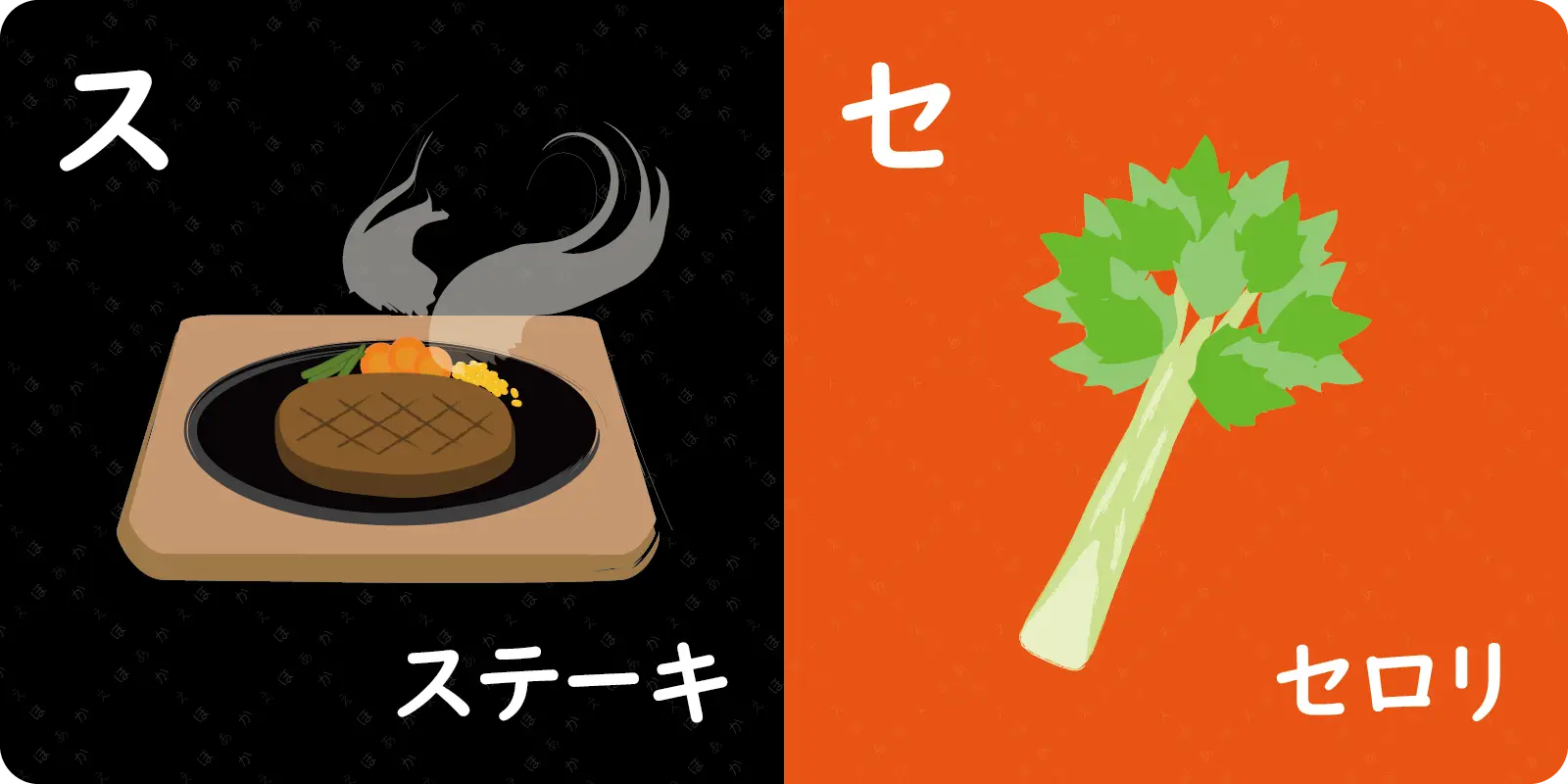 ス<br>
<br>
ステーキ<br>
<br>
<br>
<br>
セ<br>
<br>
セロリ